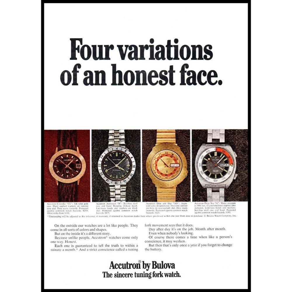 1971 Bulova Accutron Watch Faces Vintage Print Ad Astronaut Deep Sea Day Date